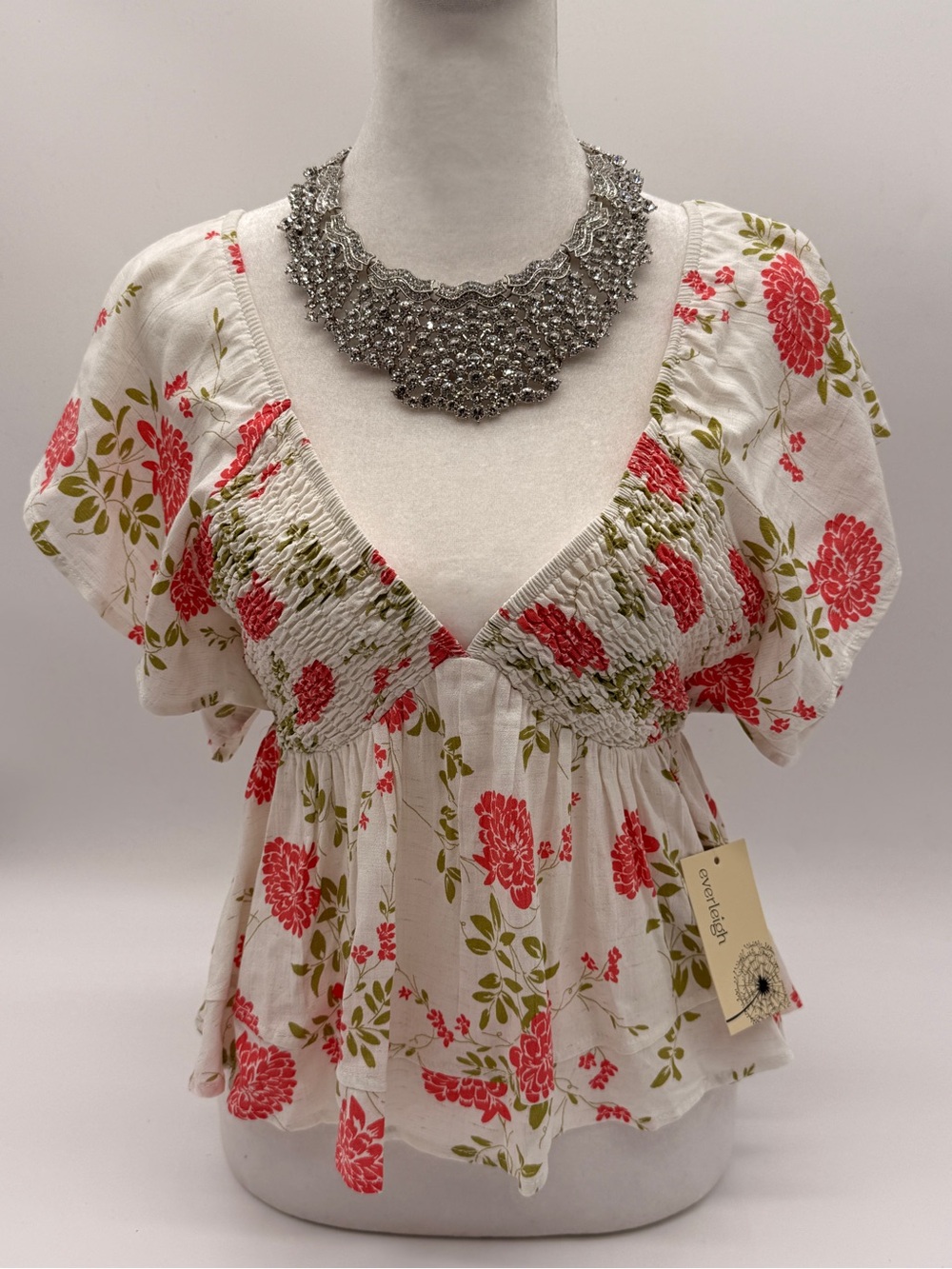 Basil & Lola by Everleigh Floral Smocked V-Neck Peasant Top - White with Pink S